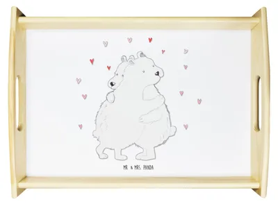 Produktbild von Mr. & Mrs. Panda Servierplatte Holz Eisbär Umarmen - Weiß - Geschenk, sofatablett, betttablett, tablett zum servieren, Servier, Holztablett, Lustige Sprüche