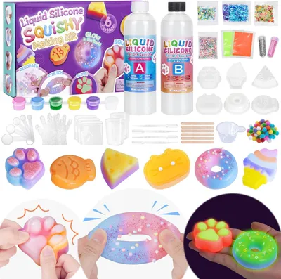 Image de Kit de fabrication de squishy : 480 ml de silicone liquide, 6 moules en silicone, jouet anti-stress, activité créative pour enfants