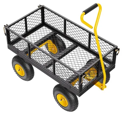 Produktbild von Bollerwagen 226,80 kg, Transportwagen, Gartenwagen, Gerätewagen, Handwagen mit großen Geländereifen, abnehmbaren Seitenteilen aus Netzmaterial und um 180° drehbarem Griff, Gelb/Schwarz