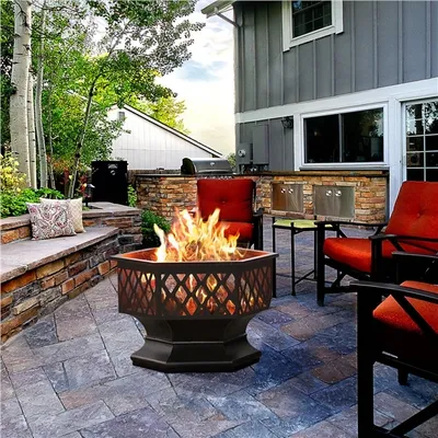 Produktbild von Yaheetech Feuerstelle Garten, Ø 61cm, Feuerkorb, sechseckige Feuerschale, Feuerschale für Außenterrasse Hinterhof Campinggarten, Firepit Terrasse, Maschendraht & Schürhaken, Funkenschutzgitter