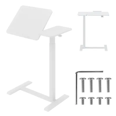 Collage of images showing a white adjustable laptop stand and its parts, along with screws and an Allen wrench.