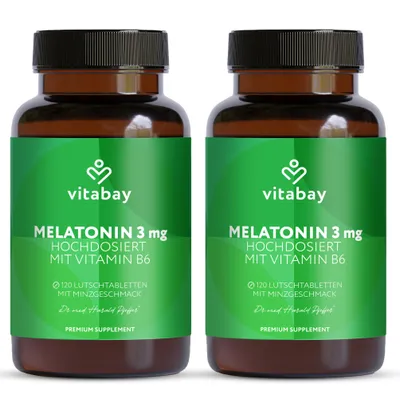 Produktbild von Melatonin 3 mg + Vitamin B6 – 240 Premium Melatonin Lutschtabletten mit Menthol - 2er Bundle