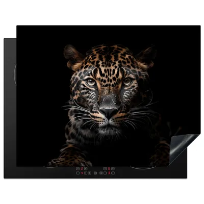 Produktbild von KitchenYeah© Herdabdeckplatte Leopard - Porträt - Schwarz - Tier , 77x59cm, Küche Deko, Glaskeramikkochfeld Herdabdeckung, Abdeckplatte fùr Kochfeld
