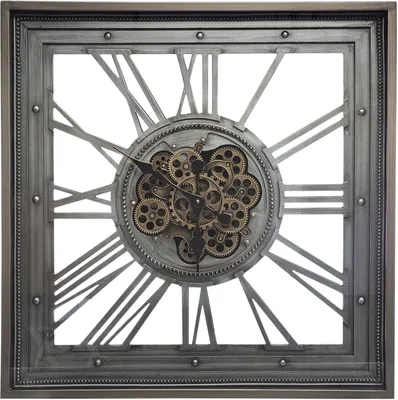 A square wall clock with Roman numerals and visible gears.