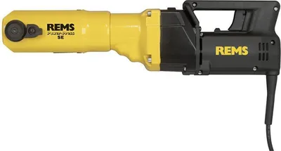 A yellow and black Rems Power-Press SE electric radial press tool is shown against a white background.