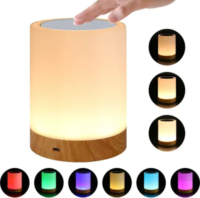 Produktbild von LED Nachttischlampe Touch Dimmbar, 7 Farben, Holzmaserung, Wiederaufladbar, Für Schlafzimmer