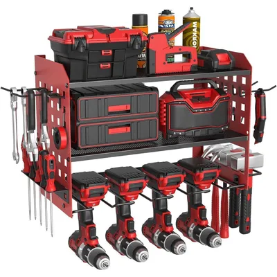 Immagine prodotto di Support a parete per utensili, con 3 ripiani, per 4 utensili elettrici, dimensioni 42,5 x 20 x 31 cm, colore rosso