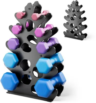 Productafbeelding van Unyqoos® Hantelrek – compact hantelrek met 5 gewichtsopbergplaatsen, rubberen beschermlaag, 2 mm metaal met een roestbestendige poedercoating, ruimtebesparend voor uw thuisgym