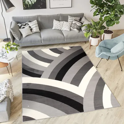 Obrázok produktu pre Koberec obývacia izba spálňa krátky vlas moderný dizajn sivá biela čierna vlny pruhy hosťovská izba jedáleň ÖKOTEX 220 x 300 cm