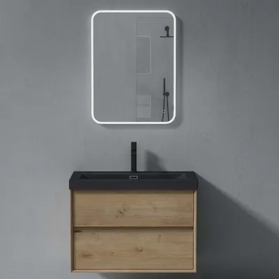 Produktbild von doporro Badmöbelset Waschbecken-Unterschrank mit Soft-close in Kerneiche Wandhängender Badezimmerunterschrank 76,5cm inkl. matt Anthrazit Mineralguss-Waschbecken und LED-Spiegel Rimo