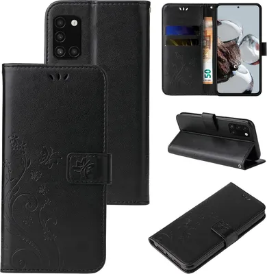 Produktbild von Handyhülle für Samsung Galaxy A31 Floral Blumen Schmetterling Flip Cover Hülle Case Klapphülle Handytasche Farbe: Schwarz