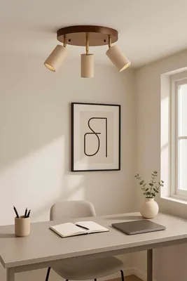 Produktbild von Opviq, Hochwertiger Kronleuchter mit Holz-Korpus, Travertin-Kappe Ø6,5 cm, Höhe 21 cm, 3 x GU10, max. 10 W, Beige & Walnuss, skandinavisches Design, ideal für moderne Räume.
