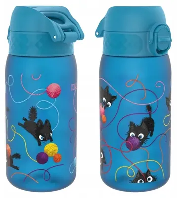 Produktbild von ION8 RECYCLON Wasserflasche 350 ml für die Schule – blau mit Katzenmotiven