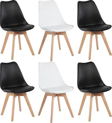 Image de H.J WeDoo 6 chaises de salle à manger, Chaise de cuisine, Chaise rembourrée, Similicuir rembourré, Pied en hêtre massif, Résistant à l'eau, Facile d'entretien, Facile à monter, 130kg de charge, 4 noir + 2 blanc