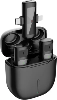 Zdjęcie produktu dla Bezprzewodowy system mikrofonowy One-Trigger-Two 2.4 G z 1 odbiornikiem + 2 mikrofonami + 1 etui ładującym, zasięg transmisji 35 m, tłumienie szumów, plug & play, zintegrowany zamiennik baterii do telefonów z systemem Android/iOS, streaming na żywo, wywiady, vlogi