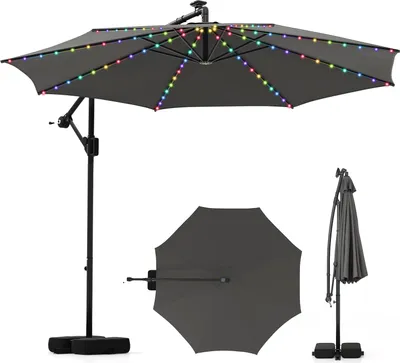 Zdjęcie produktu dla COSTWAY parasol 300cm z LED, 9 trybów, worki z piaskiem i korba, parasol wspornikowy, regulowany kąt nachylenia, obracany o 360°, parasol ogrodowy antracytowy