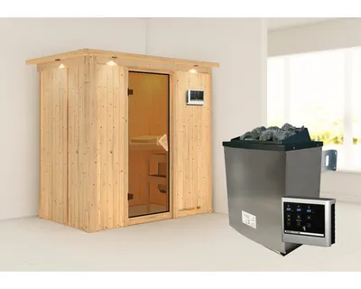 Produktbild von Elementsauna Karibu Mariado inkl. 9 kW Ofen u.ext.Steuerung mit Dachkranz und bronzierter Ganzglastüre