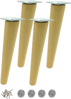 Four wooden furniture legs with metal mounting plates are shown against a white background. A small pile of screws and four felt pads are also visible at the bottom of the image.