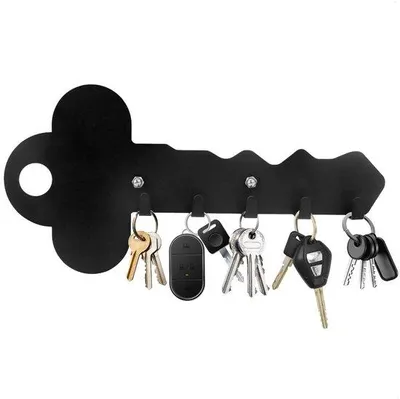 Produktbild von Unyqoos® Schlüsselhalter aus hochwertigem Metall – schlüsselförmiges Wand‑Schlüsselbrett mit 5 Haken, rostfreie Oberfläche, inkl. Schrauben, selbstklebend und zum Bohren