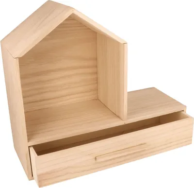 A wooden house-shaped shelf with a drawer.