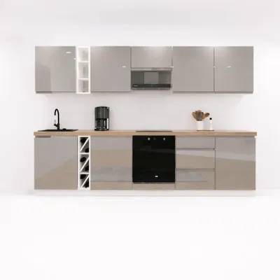 Produktbild von Küchenzeile 320 cm Küchenblock ohne E-Geräten Küche ohne Arbeitsplatte Einbauküche, Aspen KA15-M320, Grau/Hochglanz