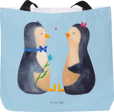 Produktbild von Mr. & Mrs. Panda Strandtasche Pinguin Pärchen - Eisblau - Geschenk, Hochzeit, Liebe, glücklich, Tote Bag, Schultasche, Laptoptasche, Tasche, Reisetasche, Verknallt