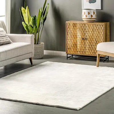 A living room scene with a sofa, a cabinet, a plant, and a rug.