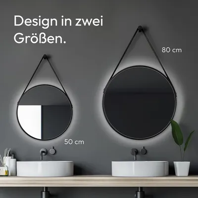 Produktbild von Wandspiegel mit Beleuchtung Talos Black Light Ø 50 cm - Aufhängegurt in Lederoptik - Lichtfarbe Neutralweiß - hochwertiger mattschwarzer Aluminiumrahmen - runder Badspiegel - Lichtspiegel mit LED Lichtumrahmung