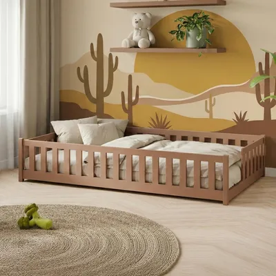 Image de Lit d'enfant au sol avec barrières de sécurité, sommier à lattes et matelas | Lit Montessori | Lit à barreaux | Lit pour enfants et adolescents | Lit simple | 80 x 160 cm | Cannelle