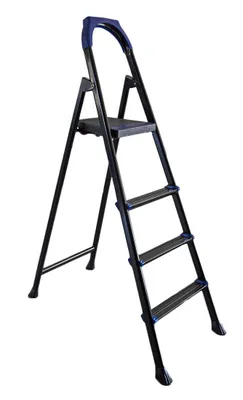 A black stepladder with blue accents is shown against a white background.