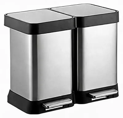 Imagen del producto de Cubo de basura de 2 compartimentos, 2 cubos de 20 litros, acero inoxidable, con pedal y tapa de cierre suave, sistema de separación de residuos. Sin cubetas interiores. Color: plateado