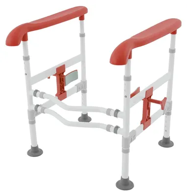 Zdjęcie produktu dla Stojak toaletowy – regulowane poręcze – antypoślizgowy – pomoc przy wstawaniu i siadaniu – nośność 150 kg – pomarańczowy