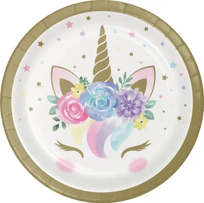 Produktbild von Einhorn-Pappteller Einhornparty 8 Stück pastellfarben-gold-weiss 18 cm -