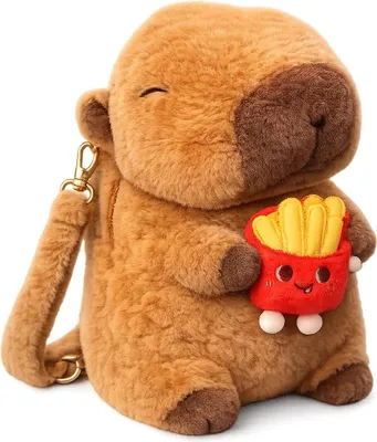 Produktbild von Capybara Rucksack 2in1 Plüsch Kinder Kindergarten Tasche mit Schlüsselanhänger zufälliges Motiv Burger oder Pommes Geschenkidee