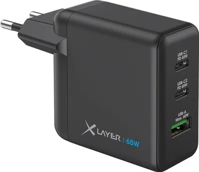 A black Xlayer 65W USB-C power charger with multiple ports.