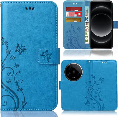 Produktbild von Handy Tasche für Xiaomi 14 Ultra Schutz Hülle Handyhülle mit Blumenmuster Klapp Hülle mit Standfunktion und Kartenfächer Blau