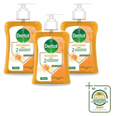 Productafbeelding van 3 x Dettol Nourish handzeep - Honing & Vanille - 250 ml - Voordeelverpakking - 3 stuks
