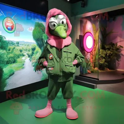 Produktbild von Waldgrüner REDBROKOLY Flamingo Maskottchen Kostüm charakter gekleidet mit Parka und Armbändern