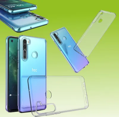 Collage of transparent phone cases for an HTC Desire 20 Pro.