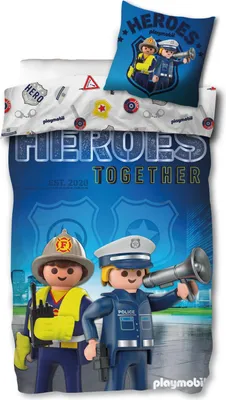 Produktbild von Skybrands PLAYMOBIL Bettwäsche-Set Polizei & Feuerwehr für Kinder – Wendebettwäsche 135x200 + 80x80 cm – Blau/Bunt – 100% Baumwolle Renforcé – Hochwertiges Jungen Geschenk PM003-B