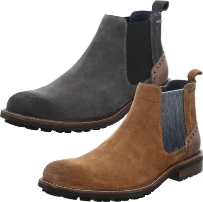 Two pairs of men's Chelsea boots, one gray and one brown, are displayed side-by-side against a white background.