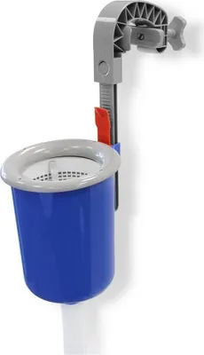 A pool skimmer basket attached to a clamp, shown against a white background.