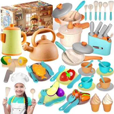 Image de Ensemble d'accessoires de cuisine pour enfants, comprenant 49 pièces, avec des casseroles, des poêles et des ustensiles de cuisine, idéal pour les jeux de rôle