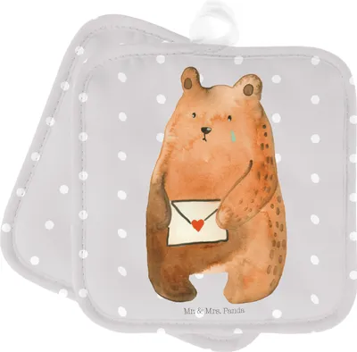 Produktbild von Mr. & Mrs. Panda Topflappen Bär Liebesbrief - Grau Pastell - Geschenk, Vermissen, Partner, topfhalter, Kochlappen, Freundin, Set, Doppel, Topfuntersetzer, Teddy