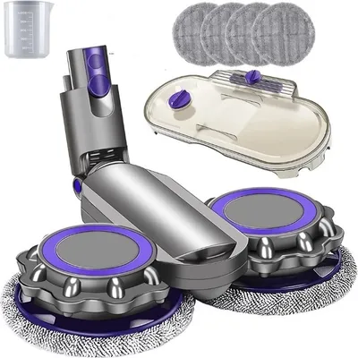 A collection of accessories for a vacuum cleaner, including a mop attachment, water tank, and cleaning pads, displayed on a white background.