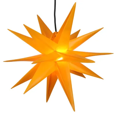 A bright orange star-shaped lamp with multiple pointed tips, illuminated from within, against a white background.