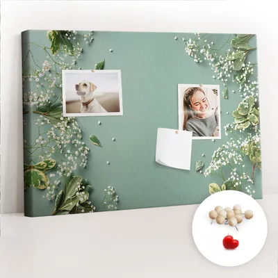 Obrázek produktu pro Korková nástěnka s kolíčky - Tabule s kolíky pro fotografie a poznámky - 60x40 cm - Připínáčky dřevěné 100 kusů - Jemné květiny