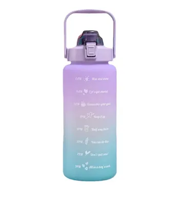 Obrázek produktu pro 2litrová láhev na vodu se stupnicí motivace k pití, brčko + 2 nástavce na pití, nepropustná, kempingová, sportovní, gradient, (fialová-tyrkysová)