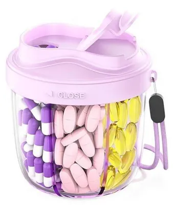 Image de Boîte à comprimés pour 7 jours, avec compartiments pour le matin, le midi et le soir. Couleur : violet. Sans BPA. 7 compartiments. Idéale pour les voyages