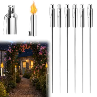 Produktbild von NAIZY Silberne Edelstahl‑Fackeln 115 cm, 24 Stück wetterfeste Outdoor‑Fackeln, nachfüllbar mit Glasfaserdocht für gemütliche Garten‑ und Festatmosphäre